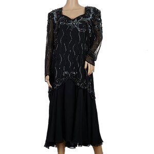 Vintage Sylvia Ann Black Silk Beaded Dress Women's XL